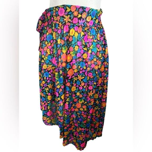 Oscar de la Renta Black Bright Floral Print Swimsuit Cover-Up Sarong Skirt - Picture 4 of 5